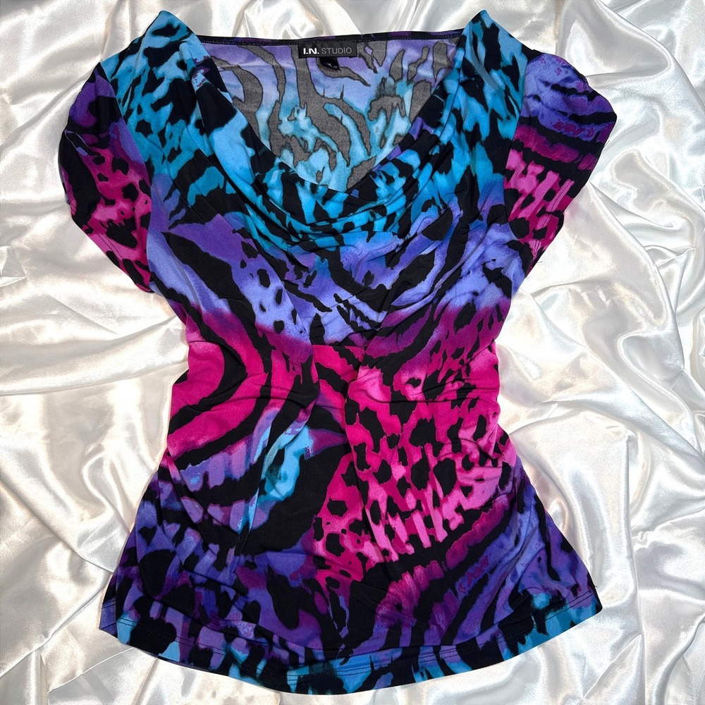 I.N. Studio Womens Multi Color Animal Print Cowl Neck Ruched Top Purple Blue M
